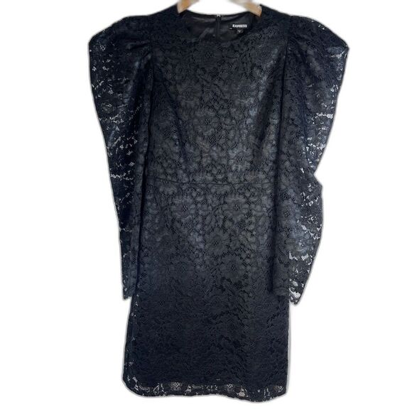Express NWT Black Lace Overlay Statement Puff Shoulder Elegant Dress Size Small - Picture 1 of 10